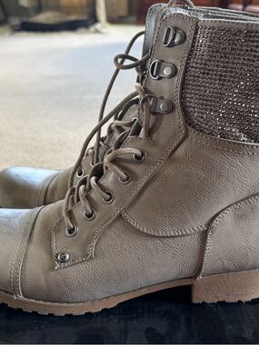 G by Guess Taupe Lace-Up Combat Booties with Rhinestone Collar
